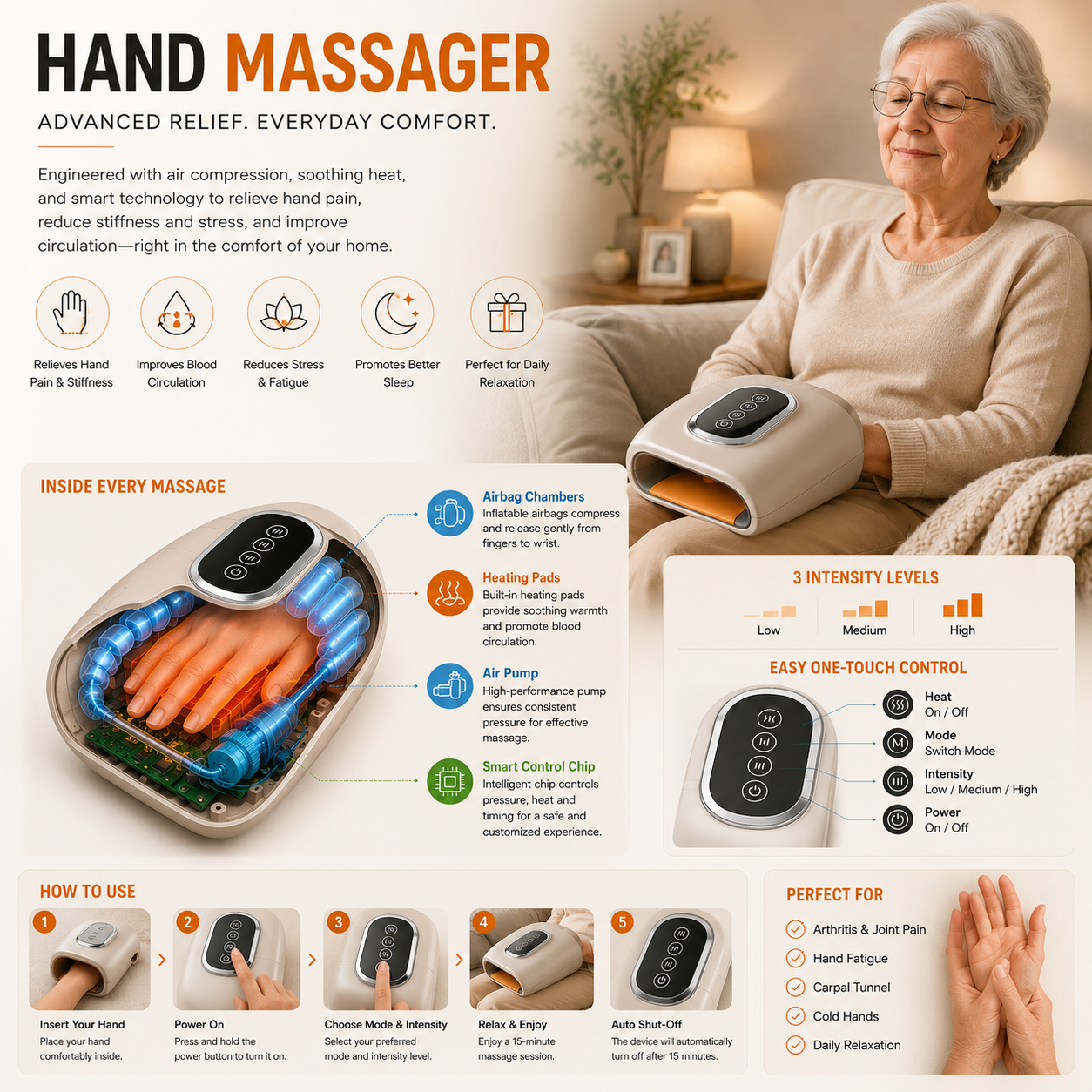Smart Hand Massager for Palms and Wrist Joints with Heat Therapy