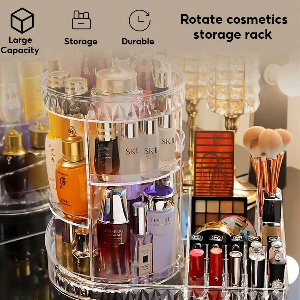 360° Rotating Diamond Cosmetic Organizer – Adjustable Makeup Storage Rack for Dressing Table