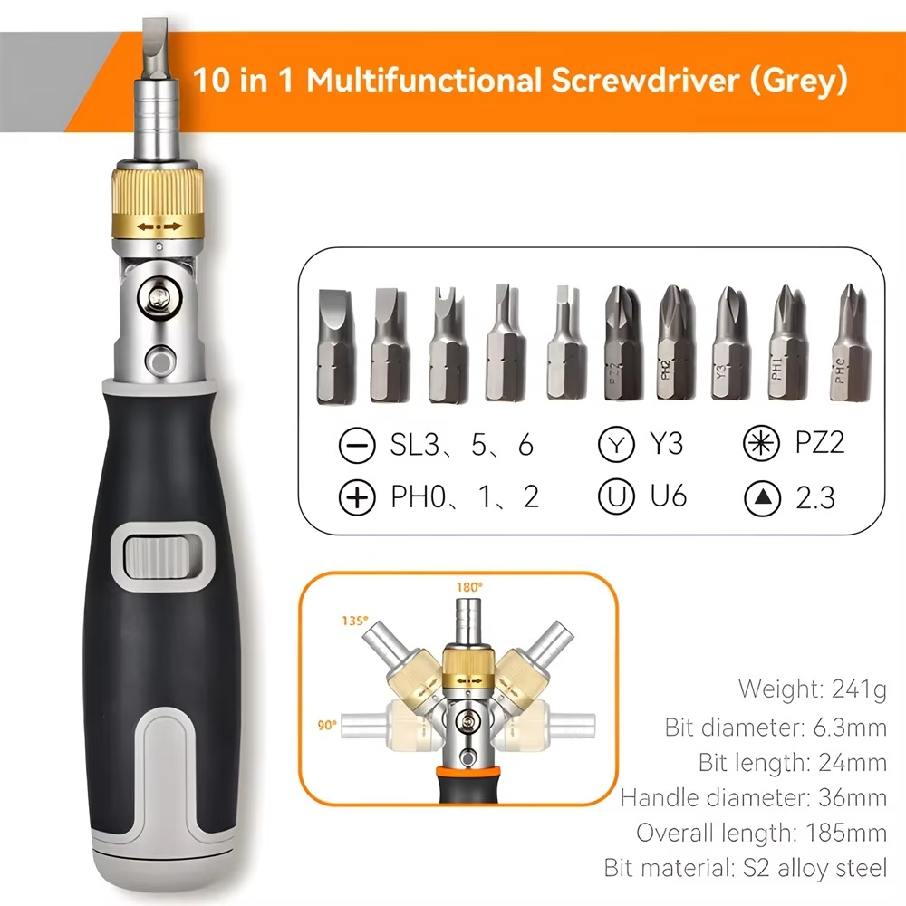 10-in-1 Multifunctional Screwdriver Set | Adjustable Angle Ratchet Handle with Magnetic Bits