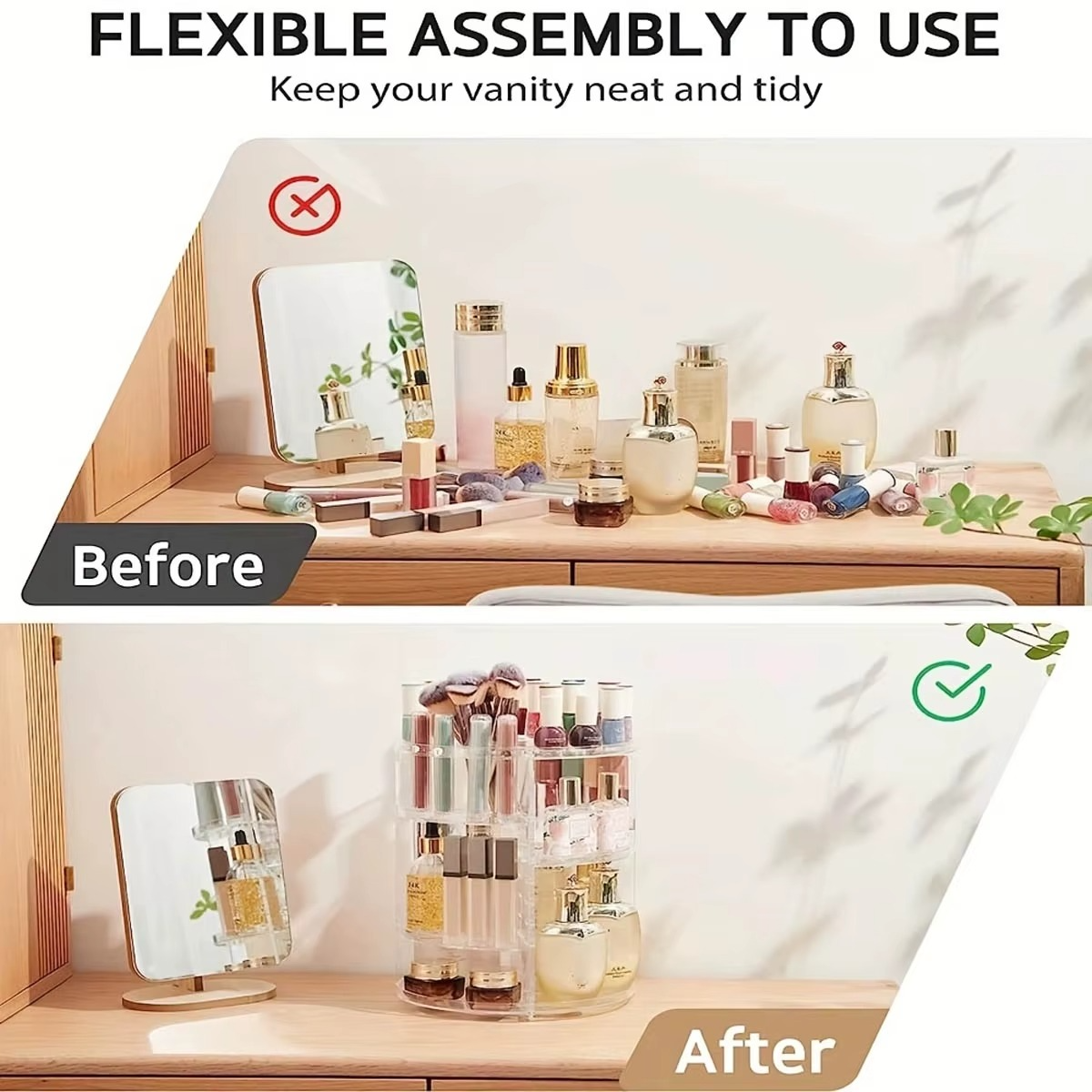 360° Rotating Diamond Cosmetic Organizer – Adjustable Makeup Storage Rack for Dressing Table
