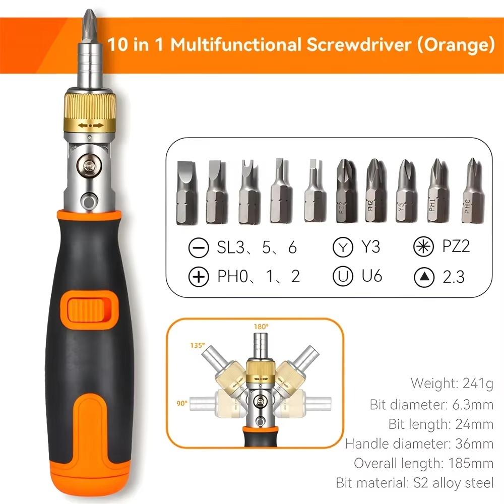 10-in-1 Multifunctional Screwdriver Set | Adjustable Angle Ratchet Handle with Magnetic Bits